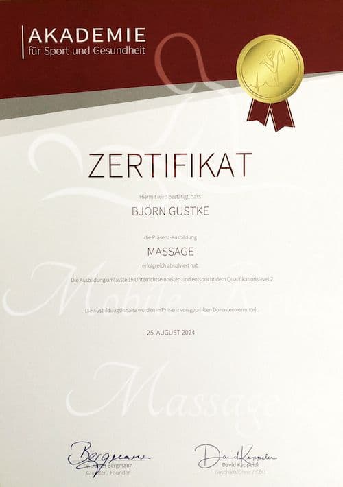 Zertifikat der Akademie für Sport und Gesundheit für Björn Gustke, Ausbildung Massage, 25. August 2024